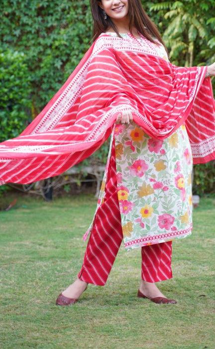 Off White/Red Floral Kurti With Pant And Dupatta Set.Pure Versatile Cotton. | Laces and Frills - Laces and Frills