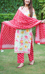 Off White/Red Floral Kurti With Pant And Dupatta Set.Pure Versatile Cotton. | Laces and Frills - Laces and Frills