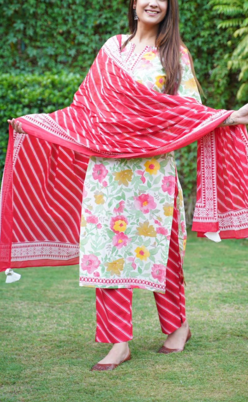 Off White/Red Floral Kurti With Pant And Dupatta Set.Pure Versatile Cotton. | Laces and Frills - Laces and Frills