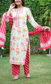 Off White/Red Floral Kurti With Pant And Dupatta Set.Pure Versatile Cotton. | Laces and Frills - Laces and Frills