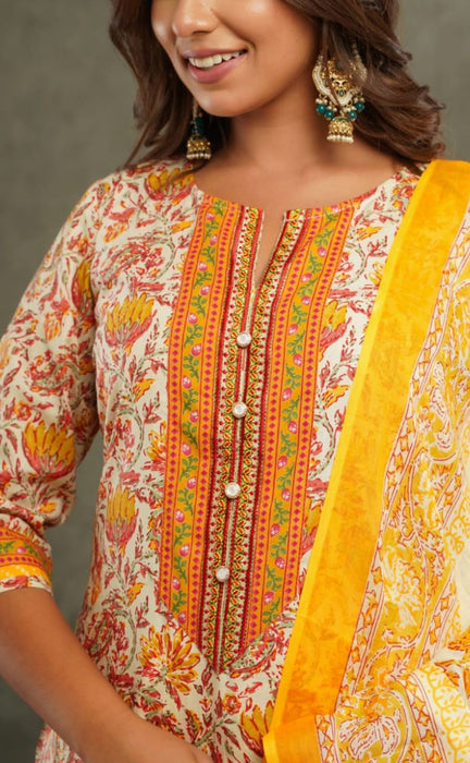 Off White/Yellow Garden Kurti With Pant And Dupatta Set.Pure Versatile Cotton. | Laces and Frills - Laces and Frills