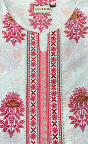 White/Pink Motif Kurti With Palazzo And Dupatta Set .Pure Versatile Cotton. | Laces and Frills - Laces and Frills