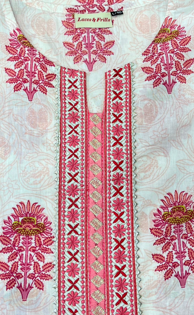 White/Pink Motif Kurti With Palazzo And Dupatta Set .Pure Versatile Cotton. | Laces and Frills - Laces and Frills