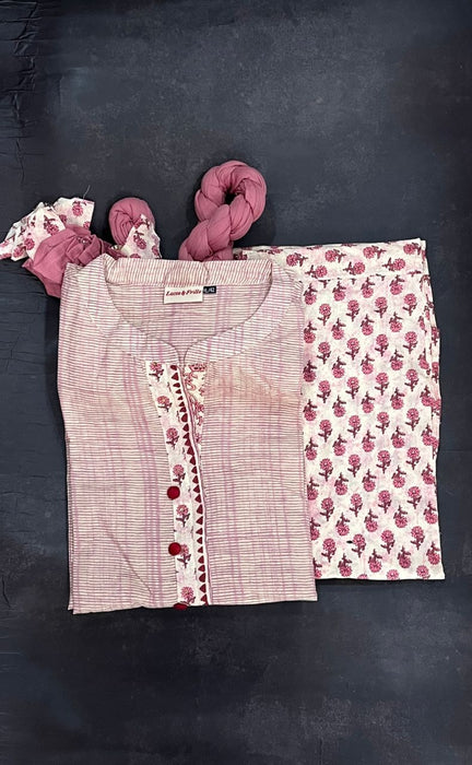 English Pink Floral Kurti With Afgani Salwar And Dupatta Set.Pure Versatile Cotton. | Laces and Frills - Laces and Frills