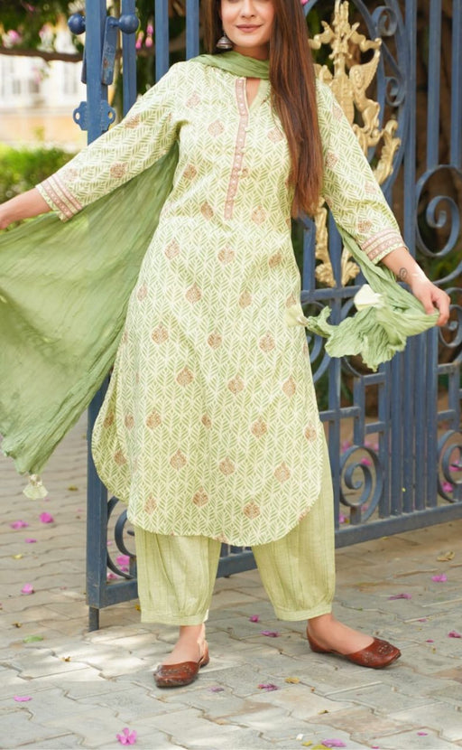Salwar Suits : Pista green silk fancy thread work with mirror ...