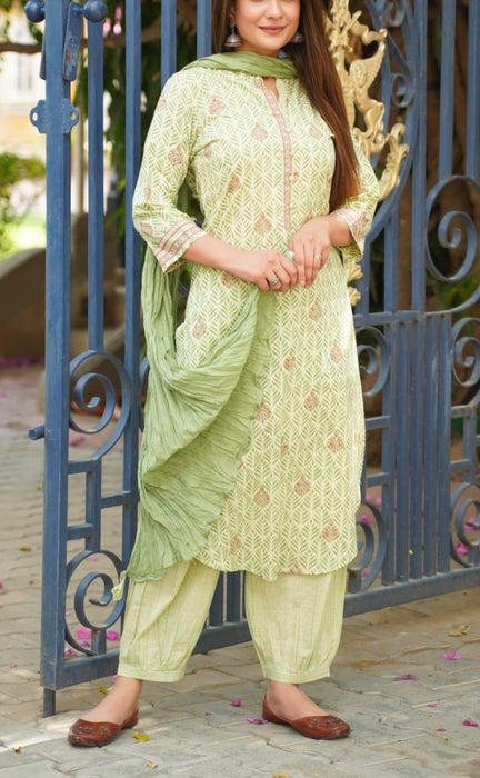 Pista Green Floral Kurti With Afgani Salwar And Dupatta Set.Pure Versatile Cotton. | Laces and Frills - Laces and Frills