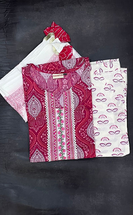 Pink/White Floral Kurti With Pant And Dupatta Set. Pure Versatile Cotton. | Laces and Frills - Laces and Frills