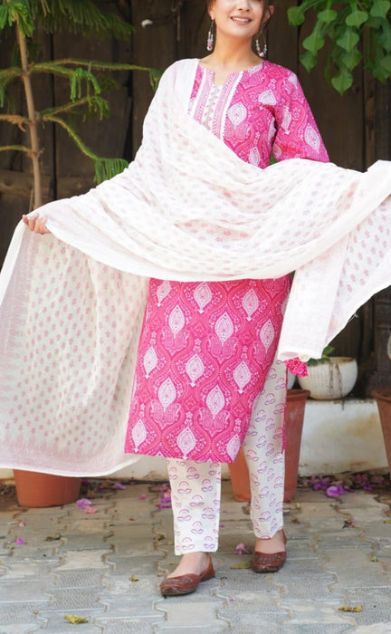 Pink/White Floral Kurti With Pant And Dupatta Set. Pure Versatile Cotton. | Laces and Frills - Laces and Frills