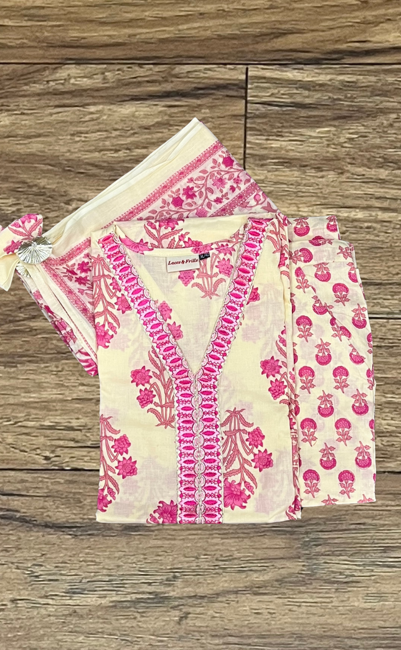 Off White/Pink Garden Kurti With Pant And Dupatta Set. Pure Versatile Cotton. | Laces and Frills - Laces and Frills