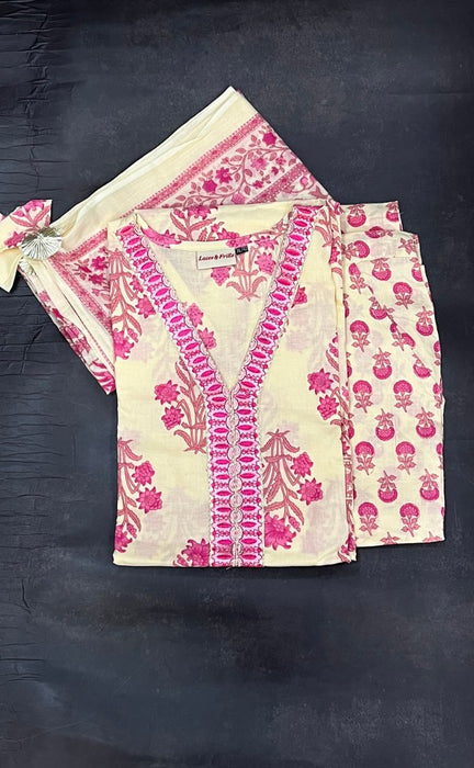 Off White/Pink Garden Kurti With Pant And Dupatta Set. Pure Versatile Cotton. | Laces and Frills - Laces and Frills