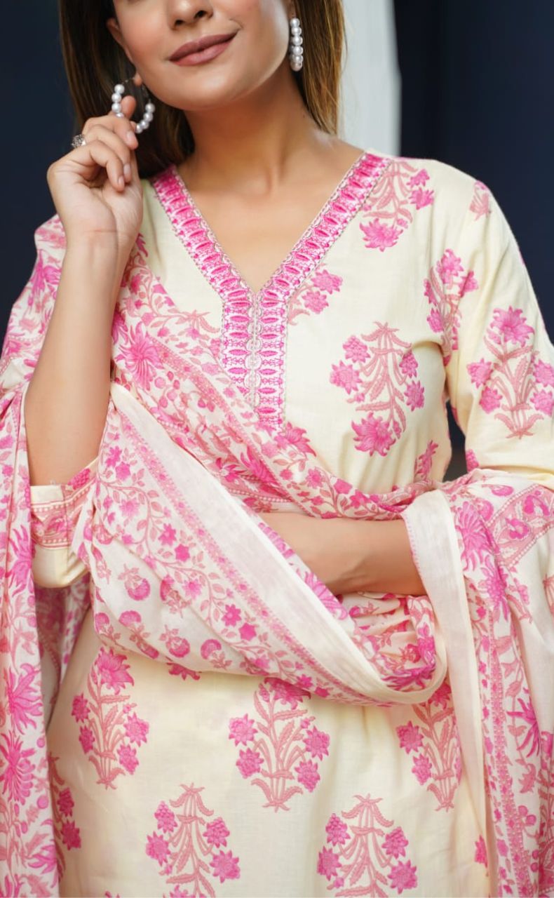 Off White/Pink Garden Kurti With Pant And Dupatta Set. Pure Versatile Cotton. | Laces and Frills - Laces and Frills