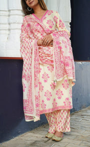 Off White/Pink Garden Kurti With Pant And Dupatta Set. Pure Versatile Cotton. | Laces and Frills - Laces and Frills
