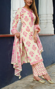Off White/Pink Garden Kurti With Pant And Dupatta Set. Pure Versatile Cotton. | Laces and Frills - Laces and Frills