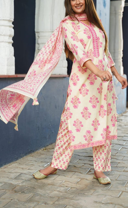 Off White/Pink Garden Kurti With Pant And Dupatta Set. Pure Versatile Cotton. | Laces and Frills - Laces and Frills