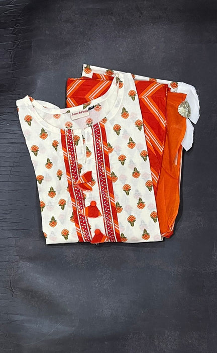 White/Orange Flora Kurti With Pant And Dupatta Set. Pure Versatile Cotton. | Laces and Frills - Laces and Frills