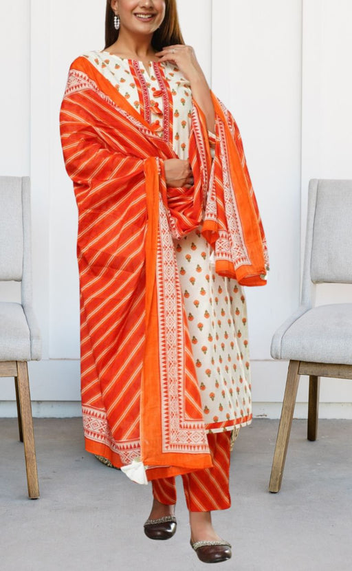 White/Orange Flora Kurti With Pant And Dupatta Set. Pure Versatile Cotton. | Laces and Frills - Laces and Frills