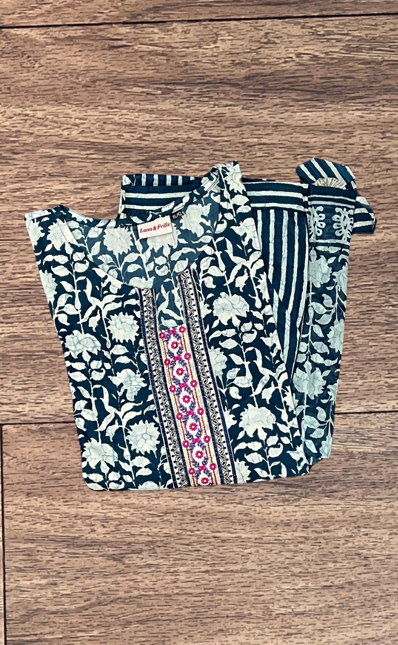 Indigo Blue Garden Kurti With Pant And Dupatta Set. Pure Versatile Cotton. | Laces and Frills - Laces and Frills