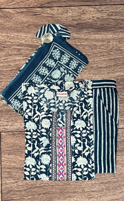 Indigo Blue Garden Kurti With Pant And Dupatta Set. Pure Versatile Cotton. | Laces and Frills - Laces and Frills