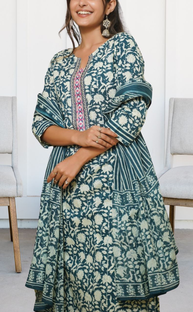 Indigo Blue Garden Kurti With Pant And Dupatta Set. Pure Versatile Cotton. | Laces and Frills - Laces and Frills