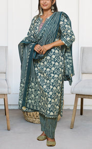 Indigo Blue Garden Kurti With Pant And Dupatta Set. Pure Versatile Cotton. | Laces and Frills - Laces and Frills