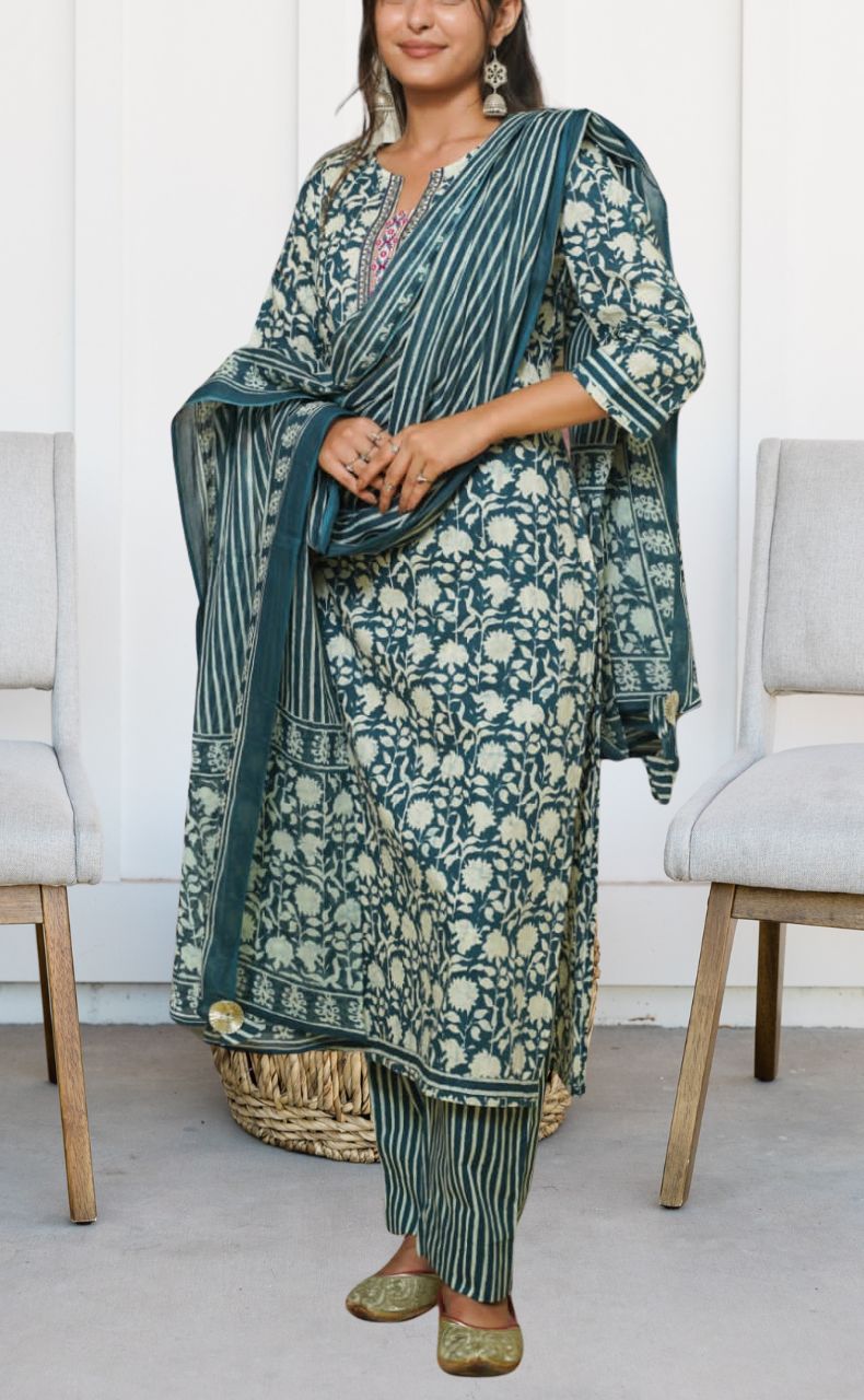 Indigo Blue Garden Kurti With Pant And Dupatta Set. Pure Versatile Cotton. | Laces and Frills - Laces and Frills