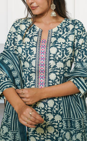 Indigo Blue Garden Kurti With Pant And Dupatta Set. Pure Versatile Cotton. | Laces and Frills - Laces and Frills