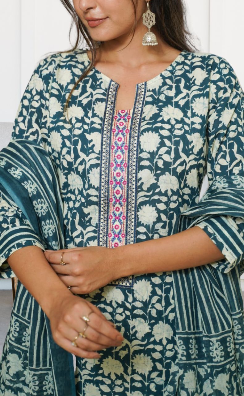 Indigo Blue Garden Kurti With Pant And Dupatta Set. Pure Versatile Cotton. | Laces and Frills - Laces and Frills