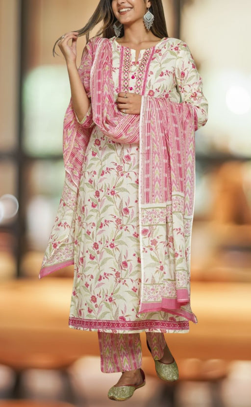 Off White/Pink Floral Kurti With Pant And Dupatta Set. Pure Versatile Cotton. | Laces and Frills - Laces and Frills