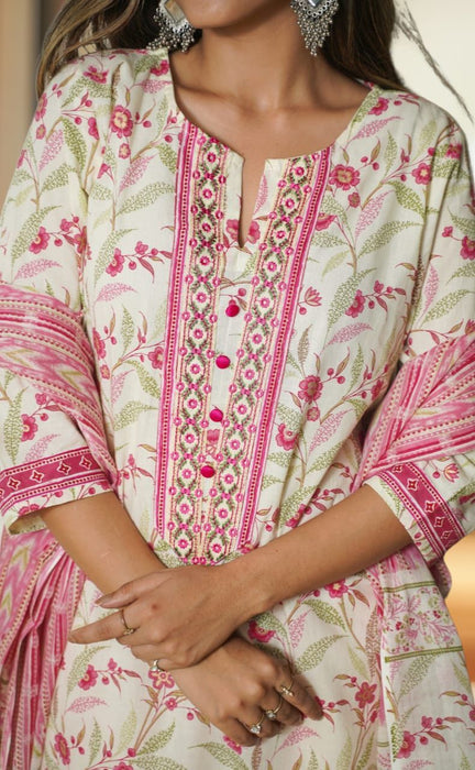 Off White/Pink Floral Kurti With Pant And Dupatta Set. Pure Versatile Cotton. | Laces and Frills - Laces and Frills