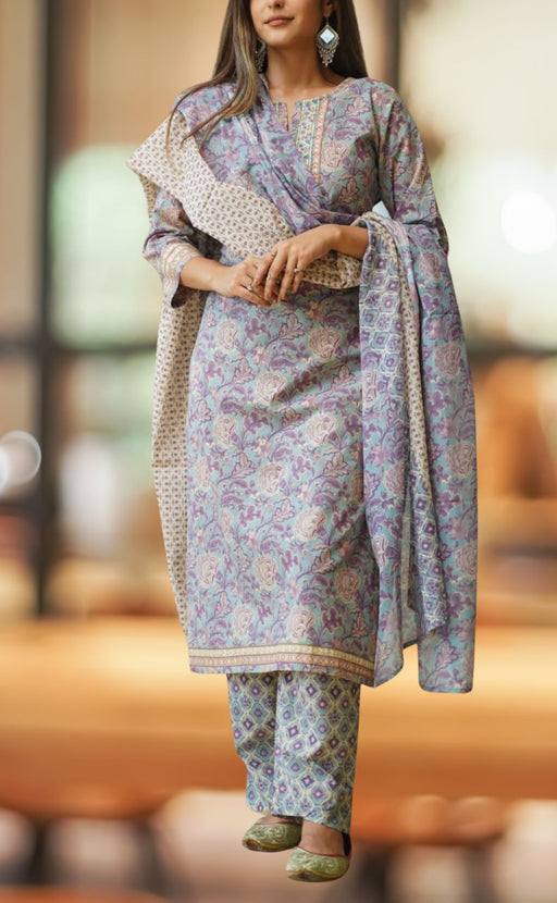 Sea Green/Lavender Garden Kurti With Pant And Dupatta Set. Pure Versatile Cotton. | Laces and Frills - Laces and Frills