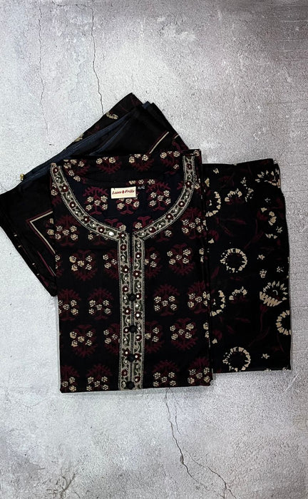 Black/Maroon Ajrakh Kurti With Pant And Dupatta Set. Pure Versatile Cotton. | Laces and Frills - Laces and Frills