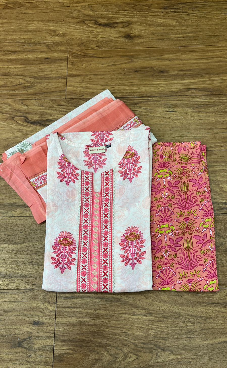 White/Pink Motif Kurti With Palazzo And Dupatta Set .Pure Versatile Cotton. | Laces and Frills - Laces and Frills