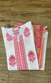White/Pink Motif Kurti With Palazzo And Dupatta Set .Pure Versatile Cotton. | Laces and Frills - Laces and Frills