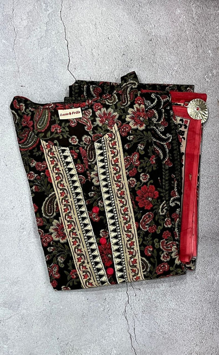 Black/Red Flora Kurti With Pant And Dupatta Set. Pure Versatile Cotton. | Laces and Frills - Laces and Frills