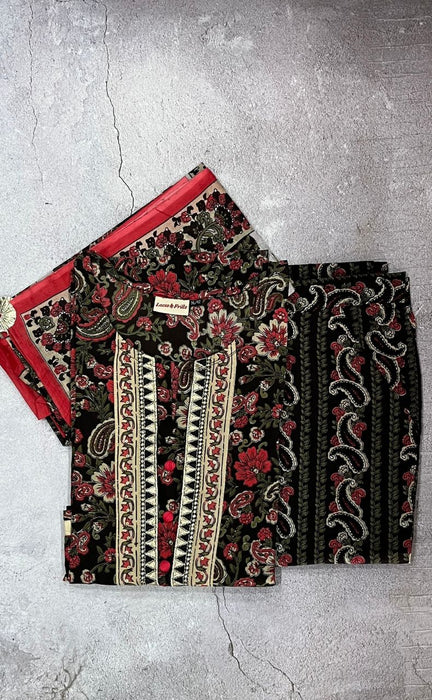 Black/Red Flora Kurti With Pant And Dupatta Set. Pure Versatile Cotton. | Laces and Frills - Laces and Frills