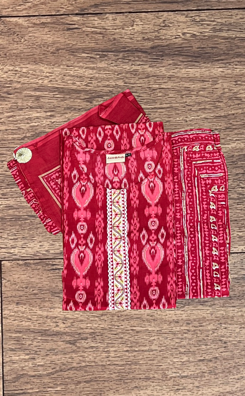 Red Ikkat Kurti With Pant And Dupatta Set. Pure Versatile Cotton. | Laces and Frills - Laces and Frills