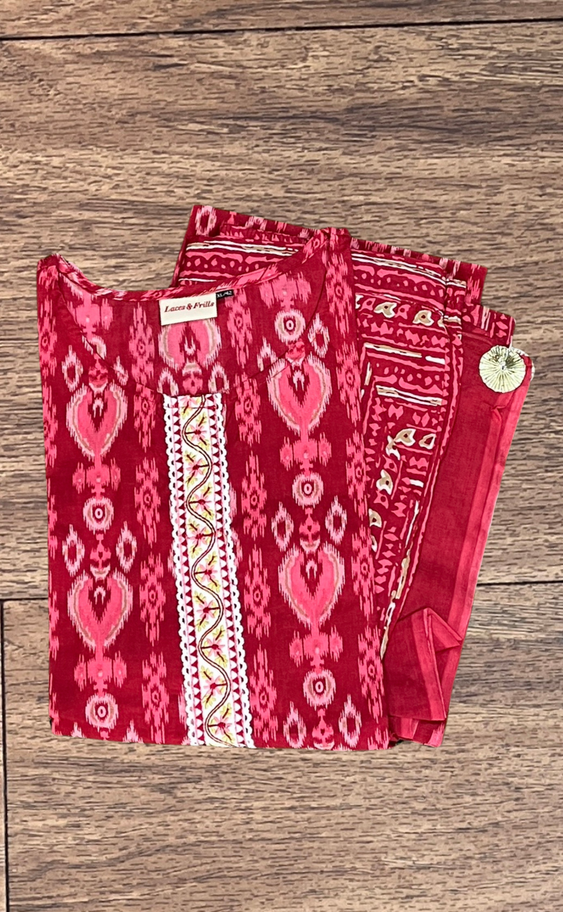 Red Ikkat Kurti With Pant And Dupatta Set. Pure Versatile Cotton. | Laces and Frills - Laces and Frills