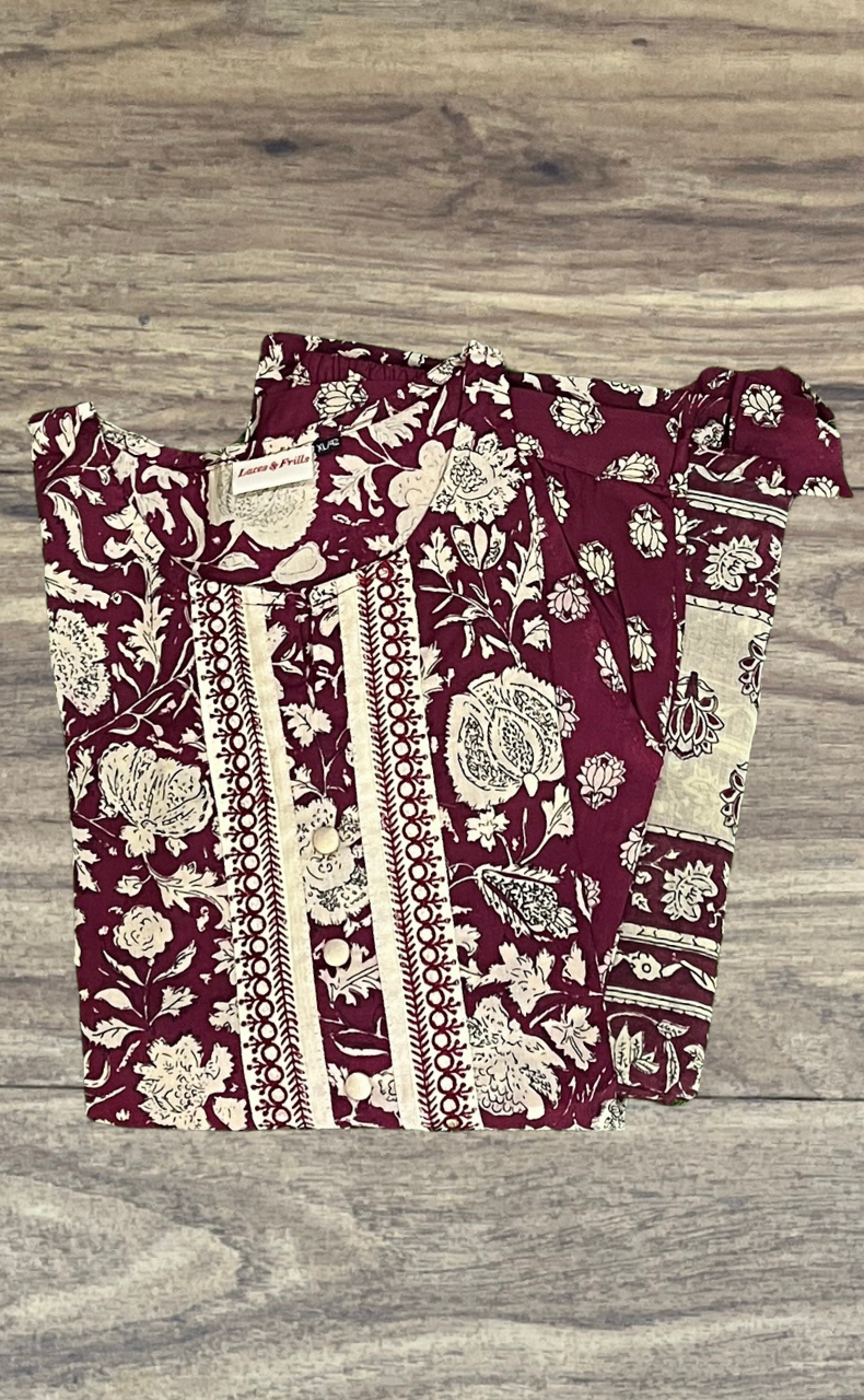 Maroon/Cream Floral Kurti With Pant And Dupatta Set. Pure Versatile Cotton. | Laces and Frills - Laces and Frills