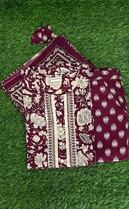 Maroon/Cream Floral Kurti With Pant And Dupatta Set. Pure Versatile Cotton. | Laces and Frills - Laces and Frills