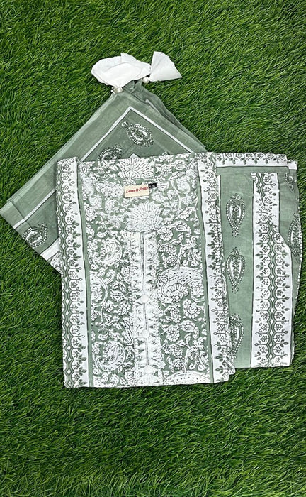 Pista Green Garden Kurti With Pant And Dupatta Set. Pure Versatile Cotton. | Laces and Frills - Laces and Frills