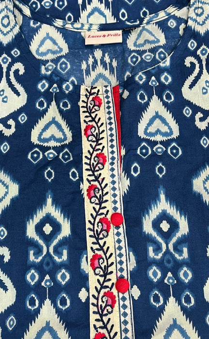 Indigo Blue/Red Moif Jaipur Cotton Kurti With Pant And Chanderi Dupatta Set  .Pure Versatile Cotton. | Laces and Frills - Laces and Frills