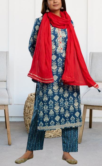 Indigo Blue/Red Moif Jaipur Cotton Kurti With Pant And Chanderi Dupatta Set  .Pure Versatile Cotton. | Laces and Frills - Laces and Frills