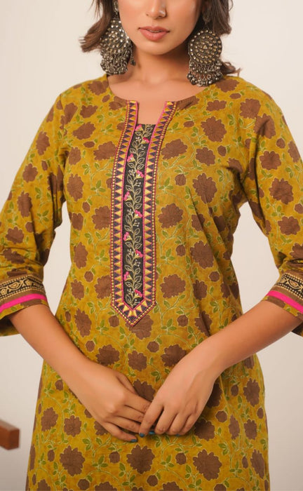 Mustard/Brown Floral Jaipur Cotton Kurti With Pant And Chanderi Dupatta Set  .Pure Versatile Cotton. | Laces and Frills - Laces and Frills