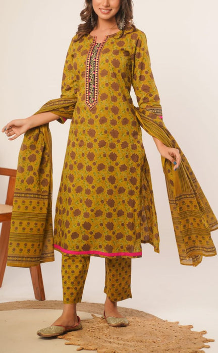 Mustard/Brown Floral Jaipur Cotton Kurti With Pant And Chanderi Dupatta Set  .Pure Versatile Cotton. | Laces and Frills - Laces and Frills