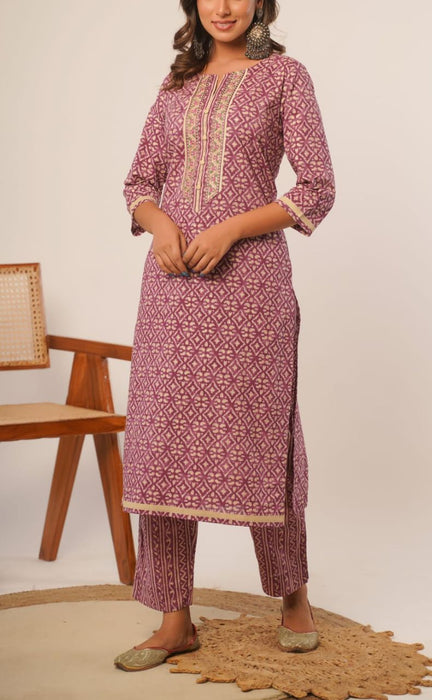 Purple Geometric Jaipur Cotton Kurti With Pant And Chanderi Dupatta Set  .Pure Versatile Cotton. | Laces and Frills - Laces and Frills