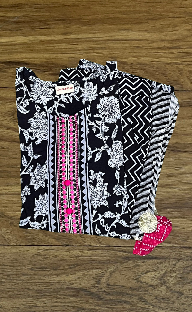 Black Garden Jaipur Cotton Kurti With Pant And Dupatta Set  .Pure Versatile Cotton. | Laces and Frills - Laces and Frills