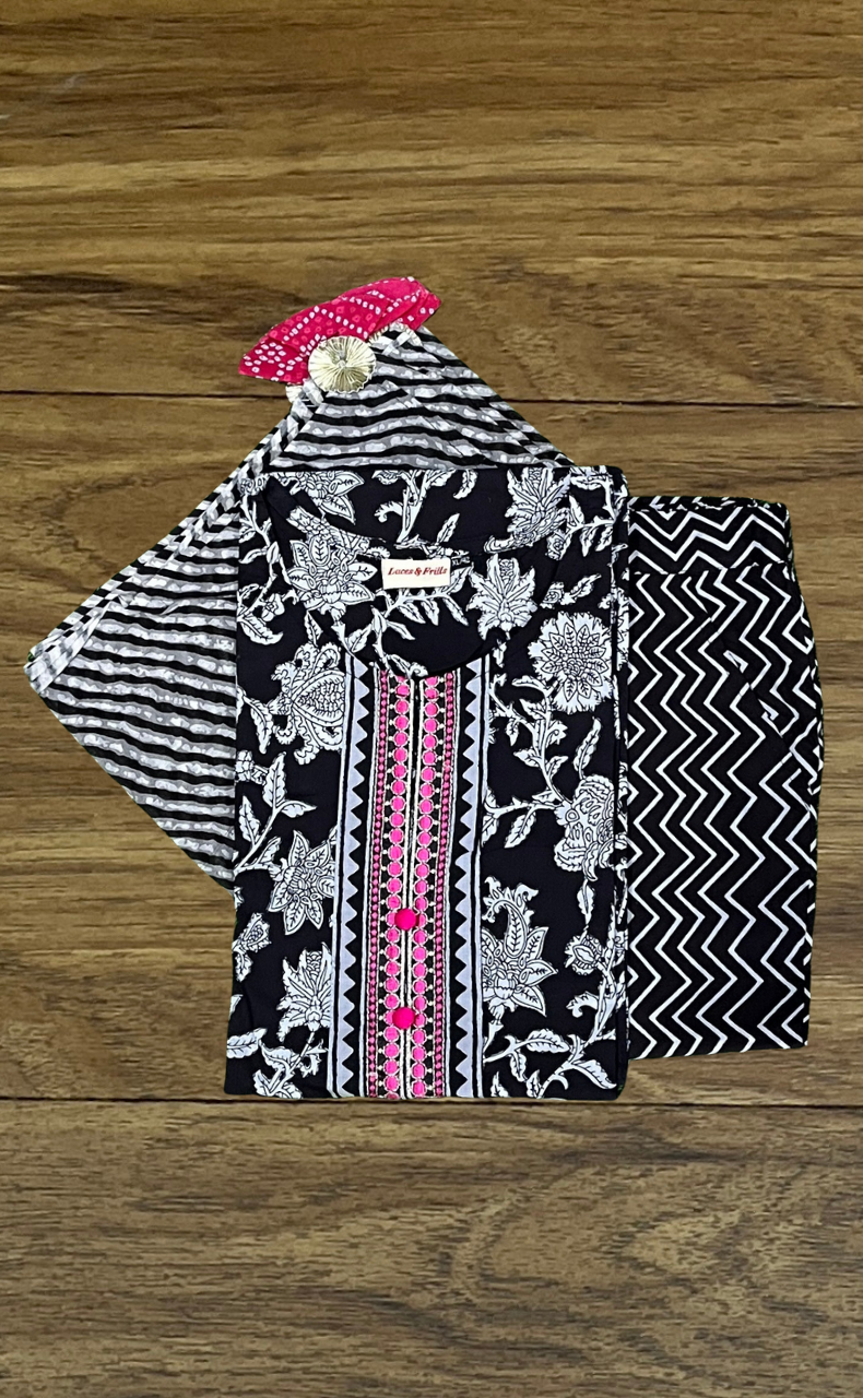 Black Garden Jaipur Cotton Kurti With Pant And Dupatta Set  .Pure Versatile Cotton. | Laces and Frills - Laces and Frills
