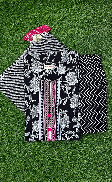 Black Garden Jaipur Cotton Kurti With Pant And Chanderi Dupatta Set  .Pure Versatile Cotton. | Laces and Frills - Laces and Frills