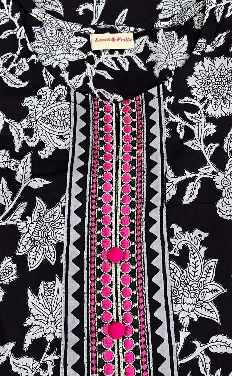 Black Garden Jaipur Cotton Kurti With Pant And Chanderi Dupatta Set  .Pure Versatile Cotton. | Laces and Frills - Laces and Frills