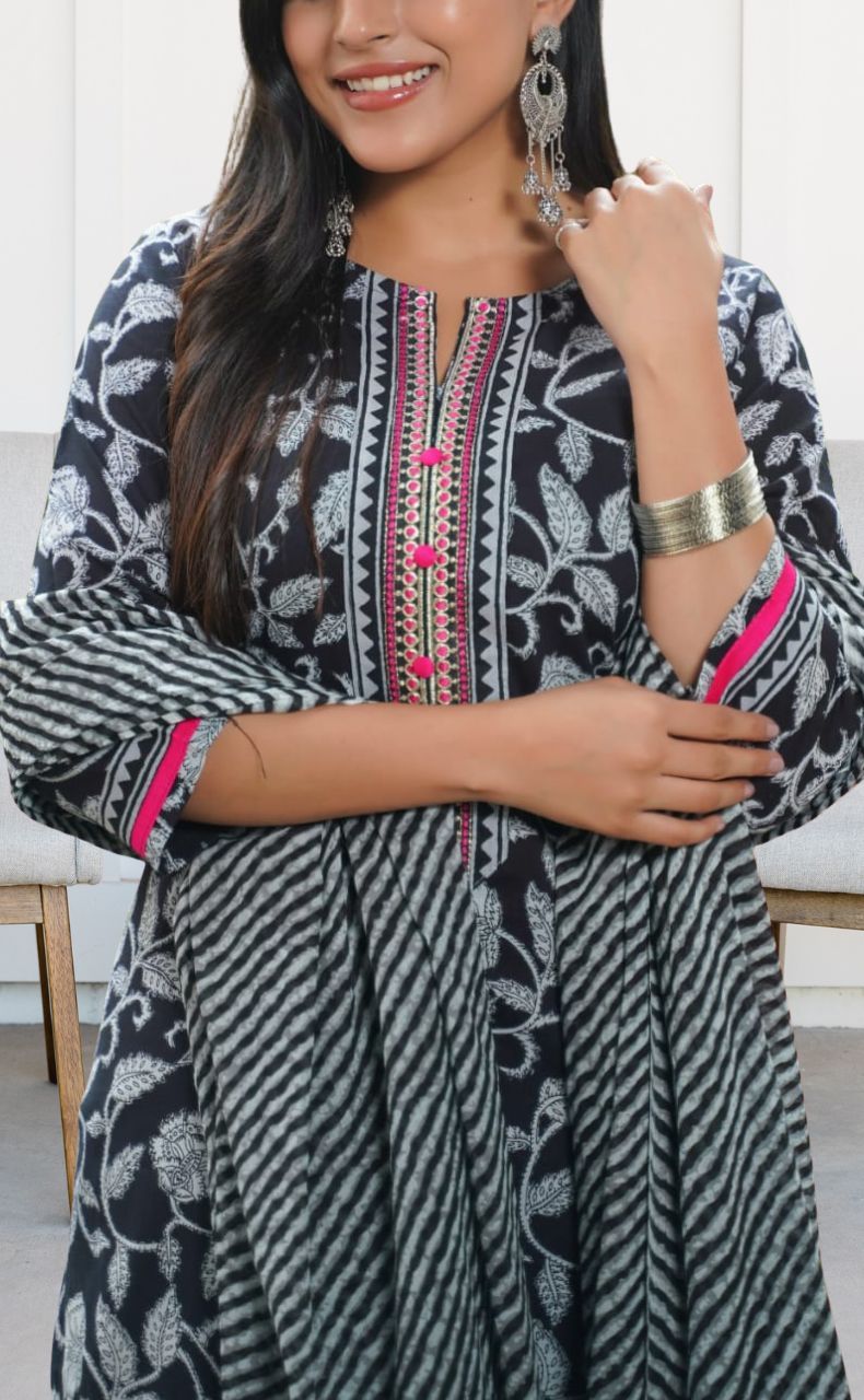 Black Garden Jaipur Cotton Kurti With Pant And Dupatta Set  .Pure Versatile Cotton. | Laces and Frills - Laces and Frills